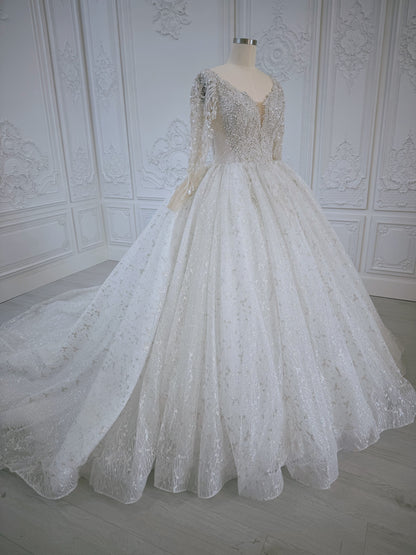 TBC-B005 Off white luxury beading long sleeve with plunge sparkling princess ballgown wedding dress