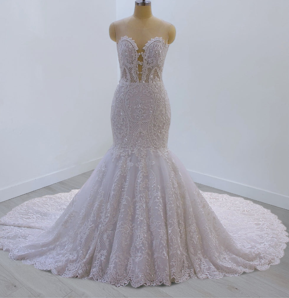 TBC-CM42 Custom-made lace embroidered strapless mermaid wedding dress