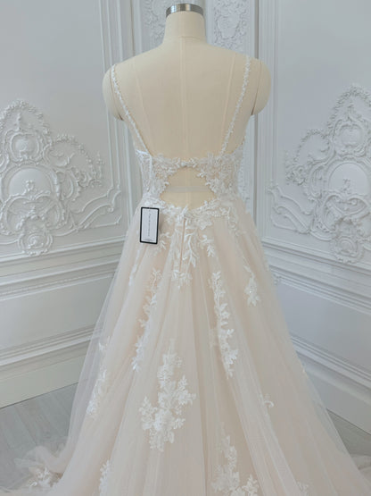 Stock Clearance! Blush color Spaghetti strap Deep V beach/outdoor wedding dress - Ting's Bridal Collection