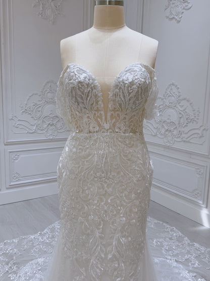 Stock Sale! Size 16! Custom-made lace embroidered off the shoulder trumpet/mermaid wedding dress - Ting's Bridal Collection