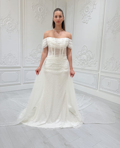 Stock Clearance! White beading straight neckline off the shoulder pleated sparkling mermaid wedding dress with detachable skirt - Ting's Bridal Collection