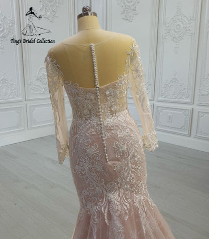 TBC-CM41 Custom-made long sleeve lace embroidered 2 in 1 look mermaid wedding dress with detachable skirt
