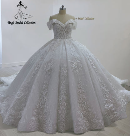 TBC-CM32 Custom-made 3D lace embroidered off the shoulder princess ballgown royal wedding dress