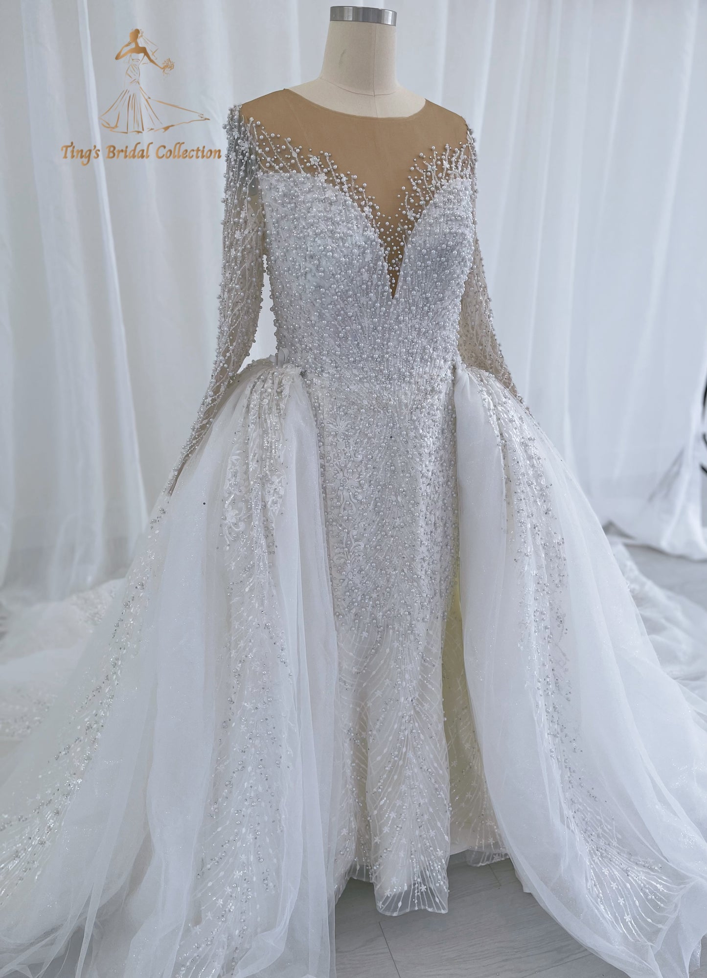 TBC-CM50 Custom-made Pearl with lace ivory long sleeve 2in1 mermaid with detachable skirt