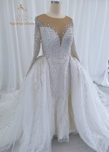 TBC-CM50 Custom-made Pearl with lace ivory long sleeve 2in1 mermaid with detachable skirt