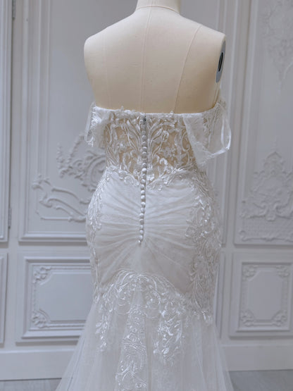 Stock Sale! Size 16! Custom-made lace embroidered off the shoulder trumpet/mermaid wedding dress - Ting's Bridal Collection