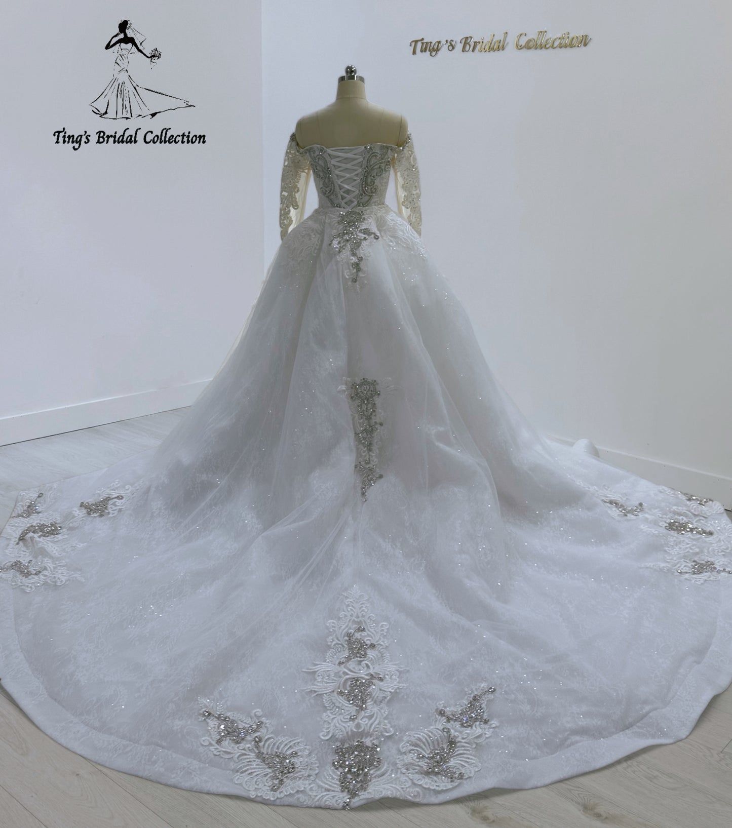 TBC-CM27 Custom-made Luxury crystal beaded off the shoulder 2 in 1 style mermaid wedding dress with detachable ruffled skirt