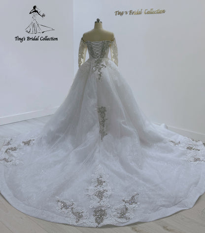 TBC-CM27 Custom-made Luxury crystal beaded off the shoulder 2 in 1 style mermaid wedding dress with detachable ruffled skirt