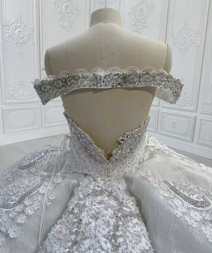 Custom-made luxury crystal beaded sparkling off the shoulder lace embroidered ballgown royal wedding dress - Ting's Bridal Collection