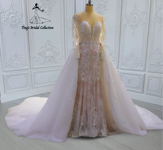 Custom-made long sleeve lace embroidered 2 in 1 look mermaid wedding dress with detachable skirt