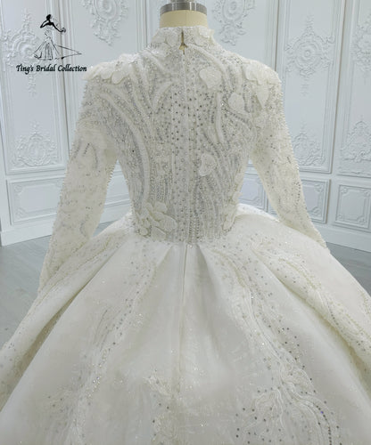 Custom-made luxury beading 3D floral Hight neck fully covered long sleeve ballgown royal wedding dress - Ting's Bridal Collection