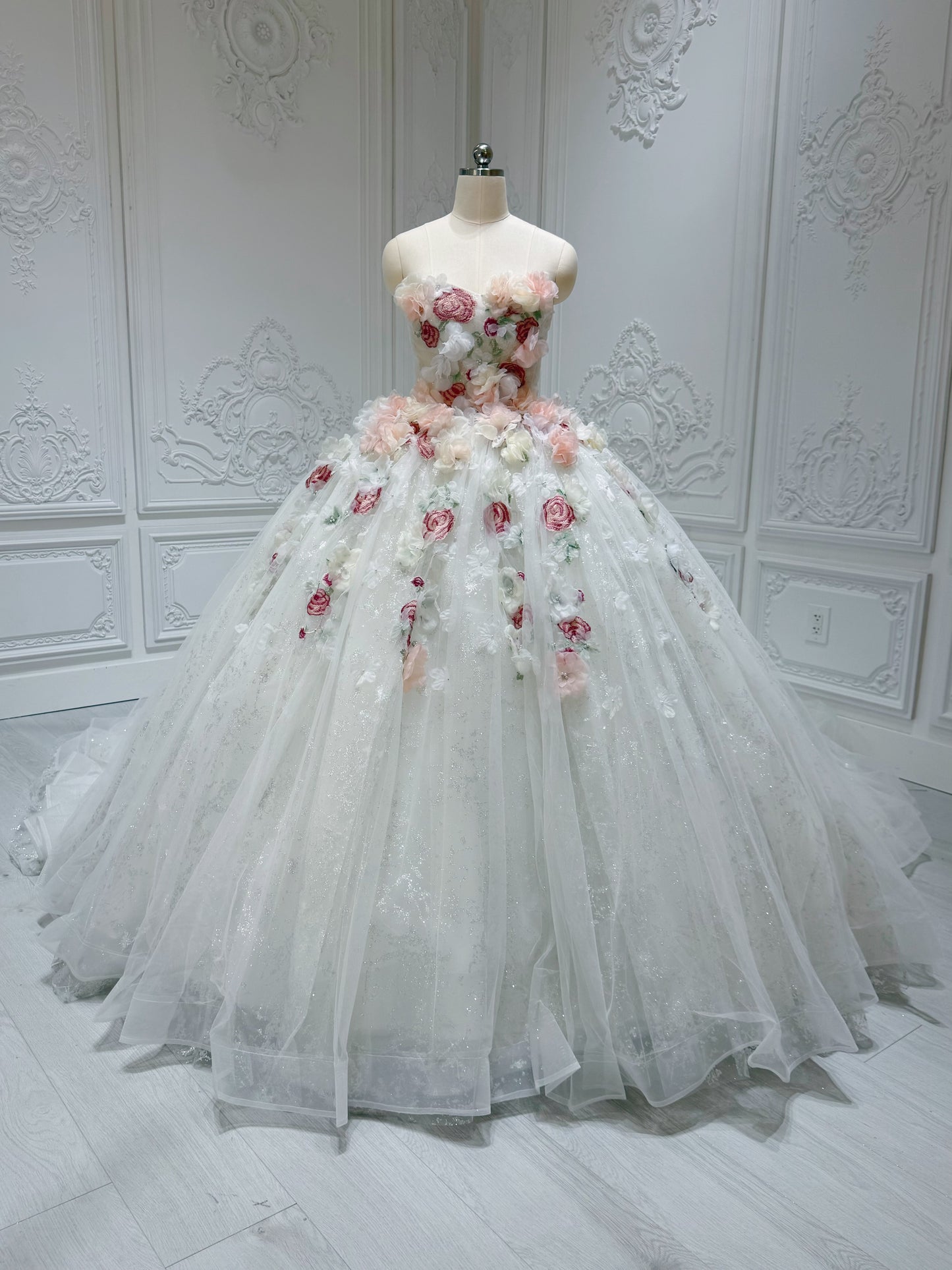 Stock clearance! Sparkling colorful 3D floral with lace embroidered strapless fairy ballgown wedding dress/Quinceanera dress/ Sweet 16 dress - Ting's Bridal Collection