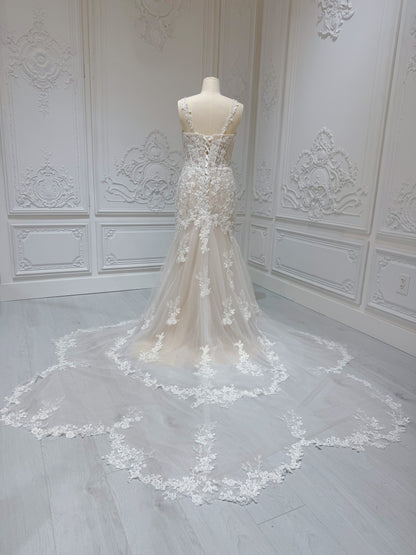 Custom-made ivory floral beading mermaid wedding dress with floral shaped train - Ting's Bridal Collection