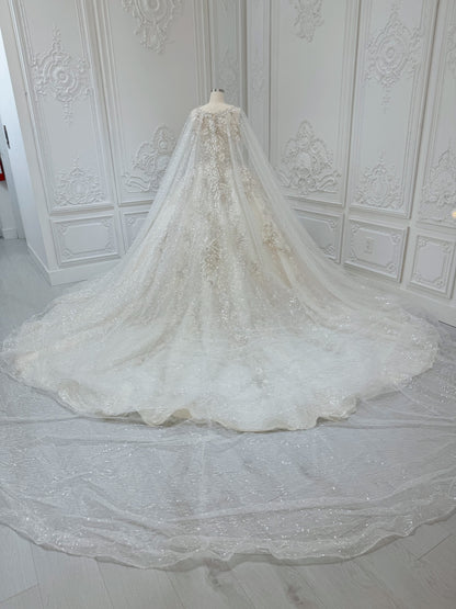 Stock Clearance! Bridal Size 12! Champagne color sparkling 3D floral lace princess ballgown fairy wedding dress with detachable cape