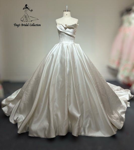 TBC-B027 Made to order satin ballgown wedding dress with ruffled neckline