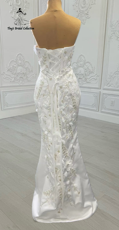 Custom-made white satin 3D beading lace embroidered strapless with straight neck 2 in 1 look trumpet wedding dress with detachable skirt - Ting's Bridal Collection