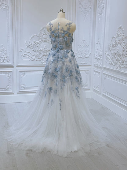 TBC-CM35 Custom-made blue 3D floral appliqué embroidered sparkling Aline wedding dress