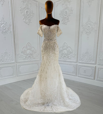 TBC-CM010  Custom-made luxury crystal beading off the shoulder 2 in 1 look trumpet and Aline wedding dress with detachable skirt