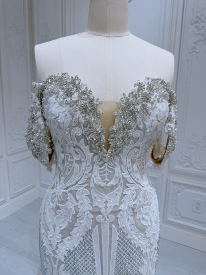 Stock Sale! Ivory crystal beaded fitting trumpet wedding dress with split