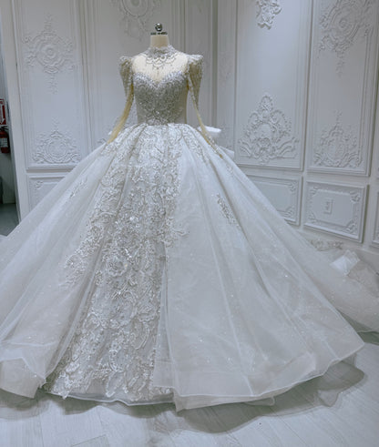 Custom-made luxury beading sparking long sleeve with sweetheart princess ballgown royal wedding dress with ruffled skirt - Ting's Bridal Collection