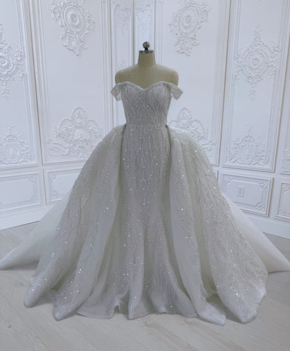 TBC-2IN1-006 Sale White beading lace off the shoulder 2 in 1 style mermaid with detachable skirt