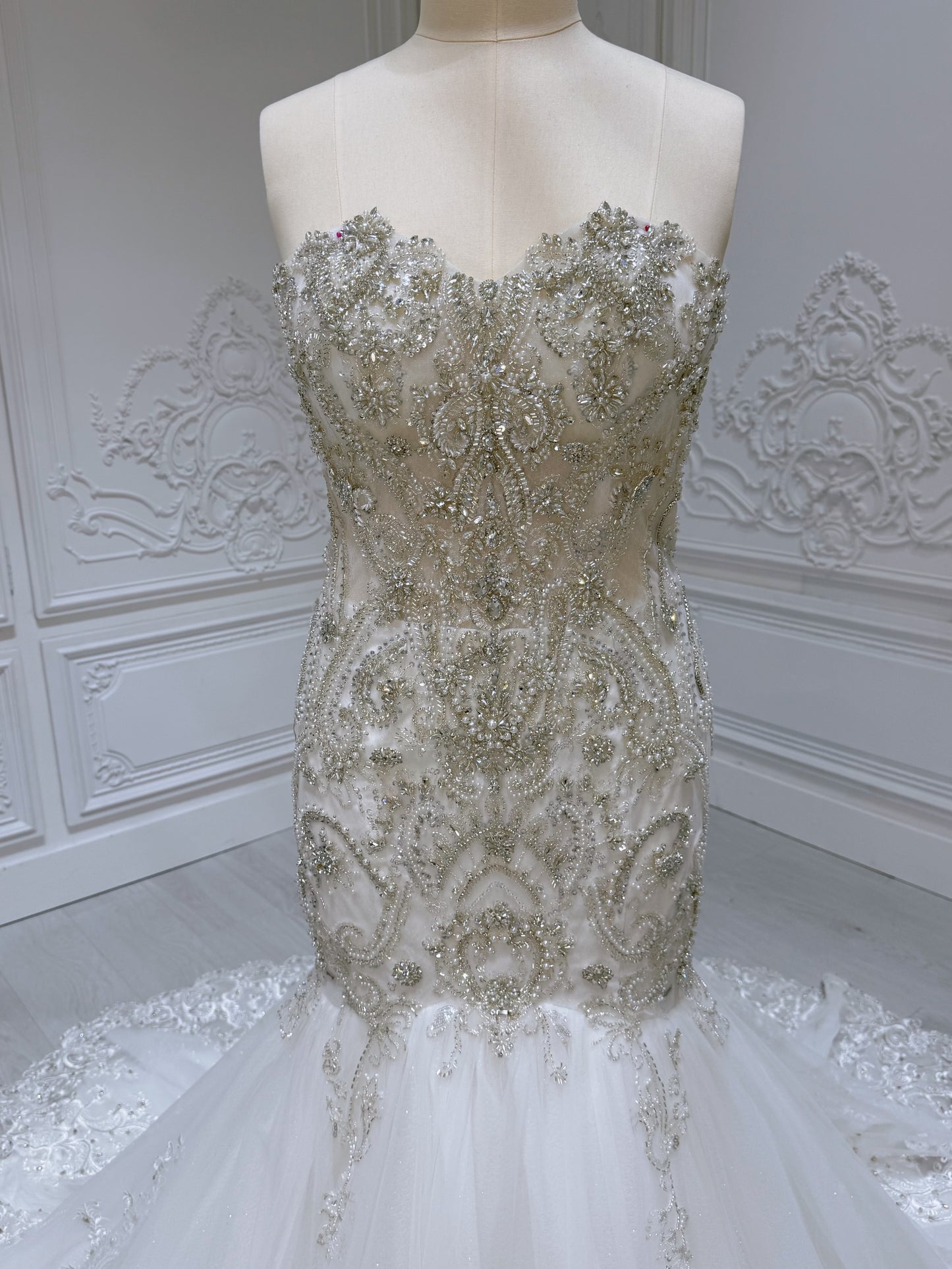 TBC-2IN1-001 Luxury beading sparkling mermaid royal wedding dress with detachable ruffled skirt