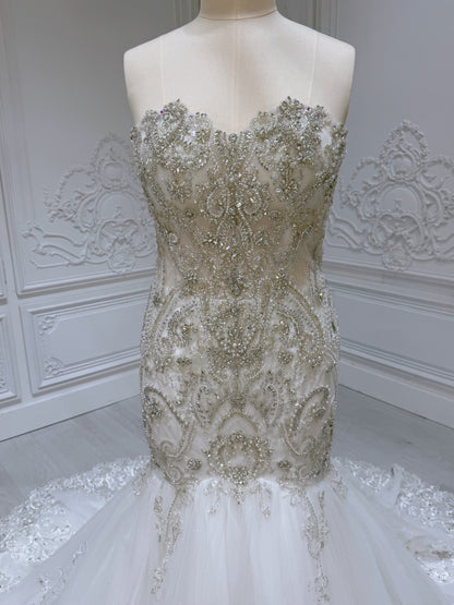 TBC-2IN1-001 Luxury beading sparkling mermaid royal wedding dress with detachable ruffled skirt