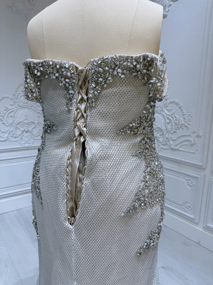 Stock Clearance! Plus size 22! Champagne color crystal beaded off the shoulder mermaid/trumpet wedding dress/formal event gown