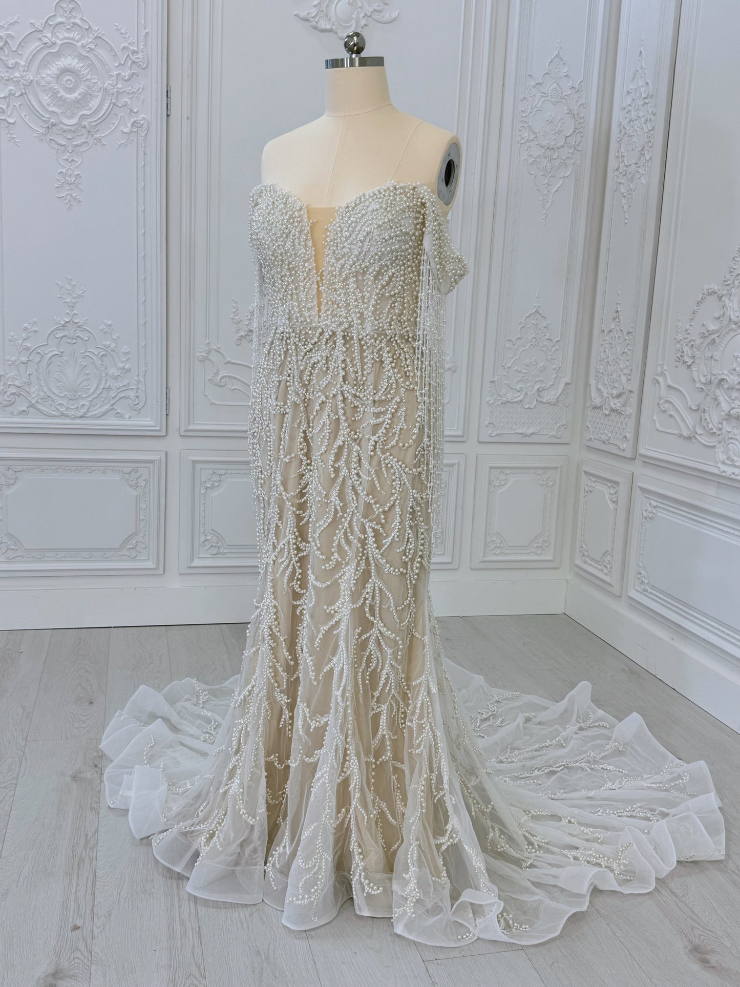 TBC-CM40 Custom-made pearl beading off the shoulder mermaid wedding dress