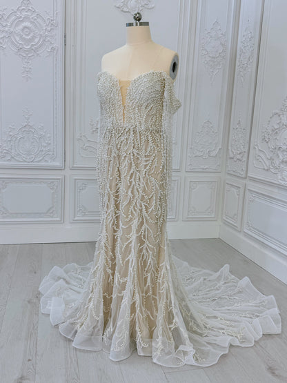 TBC-CM40 Custom-made pearl beading off the shoulder mermaid wedding dress