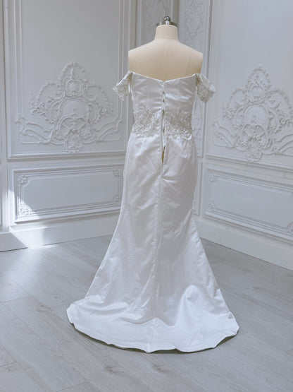 Custom-made off the shoulder pleated white satin with beading lace embroidered 2 in 1 style mermaid wedding dress with detachable skirt - Ting's Bridal Collection