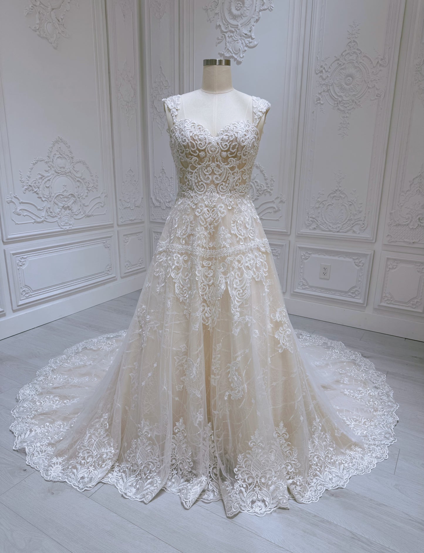 Stock Clearance! Bridal size 12-14! Cream color lace embroidered off the shoulder Aline wedding dress