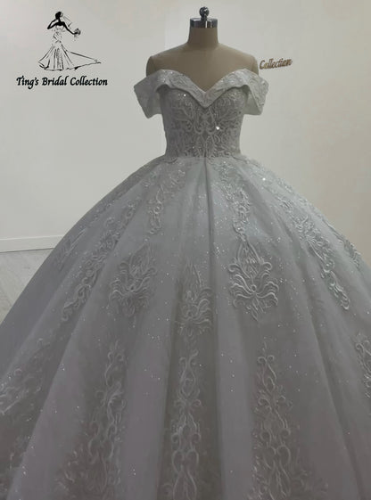 TBC-CM32 Custom-made 3D lace embroidered off the shoulder princess ballgown royal wedding dress