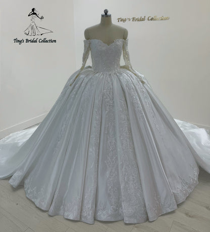 TBC-CM31 Made to order white beading lace off the shoulder long sleeve white satin princess ballgown royal wedding dress with detachable train