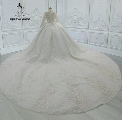 Custom-made luxury beading 3D floral Hight neck fully covered long sleeve ballgown royal wedding dress - Ting's Bridal Collection