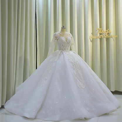 TBC-CM009   Custom-made lace embroidered with beading long sleeve ballgown style royal wedding dress - Ting's Bridal Collection