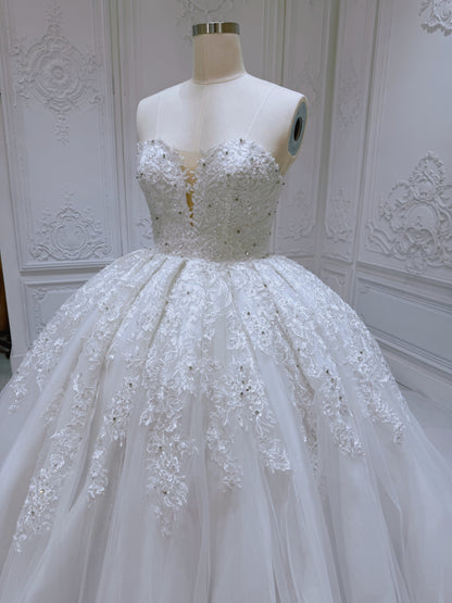 Stock Clearance! Bridal size 12! White floral lace embroidered high neck long sleeve princess ballgown royal wedding dress