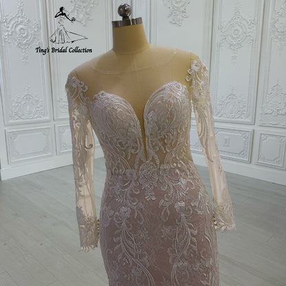 TBC-CM41 Custom-made long sleeve lace embroidered 2 in 1 look mermaid wedding dress with detachable skirt