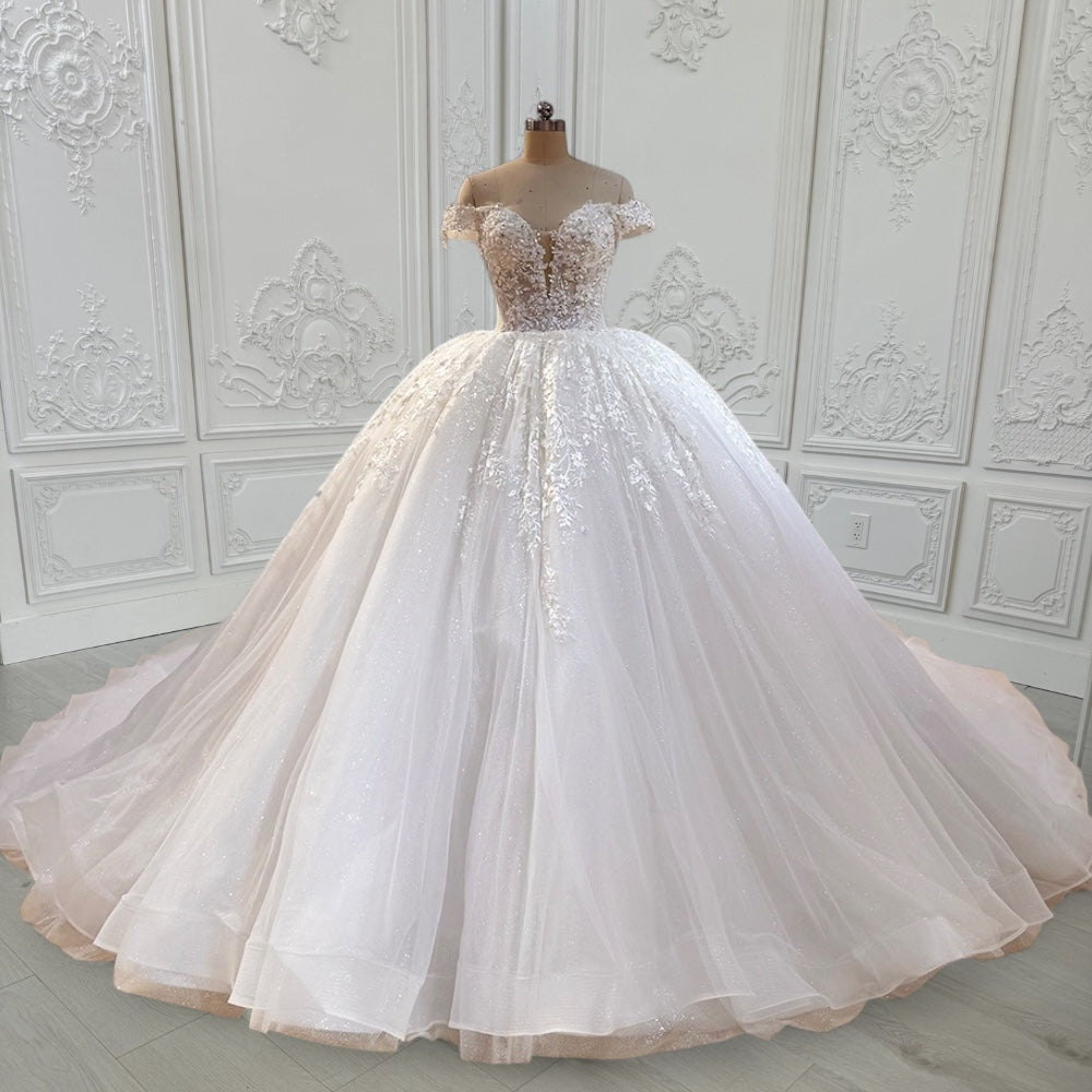 TBC-CM16 Custom-made lace embroidered off the shoulder with Deep V ballgown wedding dress