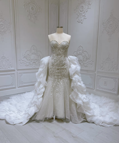 Stock Clearance! Bridal size 12! Custom-made off white beading strapless 2 in 1 look trumpet wedding dress with detachable ruffled skirt