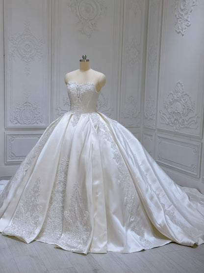 TBC-B045 Luxury lace beading ivory satin princess ballgown royal wedding dress