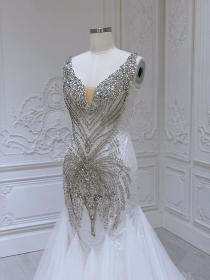TBC-M020 Stock of Luxury crystal beaded mermaid wedding dress