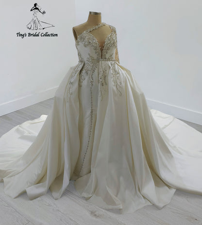 TBC-CM30 Custom-made luxury beading crossed one shoulder with long sleeve 2 in 1 style royal wedding dress with detachable skirt