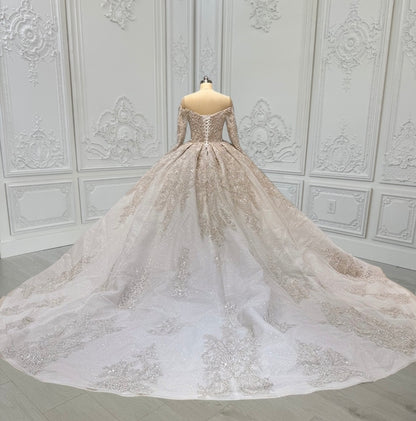 Custom-made luxury beading sparkling off the shoulder with V-neck long sleeve princess ballgown royal wedding dress