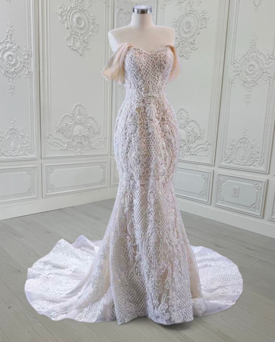 TBC-CM39 Custom-made champagne color off the shoulder lace embroidered mermaid wedding dress
