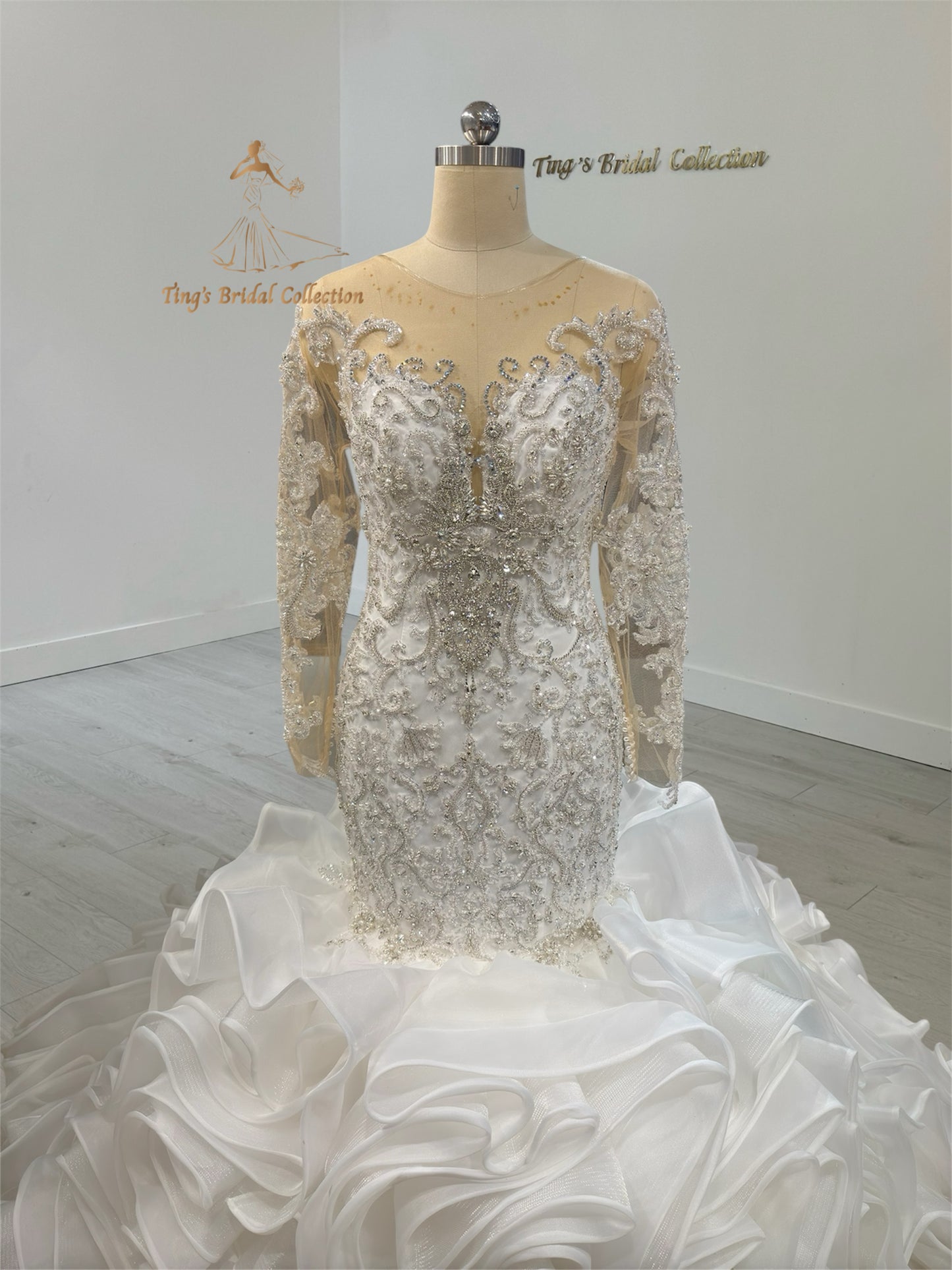 TBC-CM51 Custom-made luxury beading sparkling long sleeve mermaid royal wedding dress with ruffle skirt