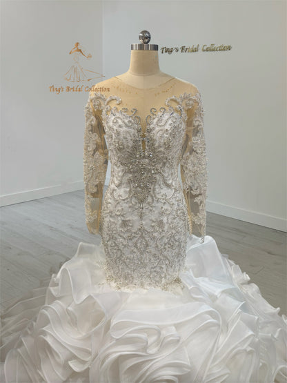 TBC-CM51 Custom-made luxury beading sparkling long sleeve mermaid royal wedding dress with ruffle skirt