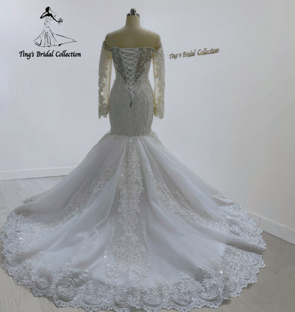 TBC-CM27 Custom-made Luxury crystal beaded off the shoulder 2 in 1 style mermaid wedding dress with detachable ruffled skirt