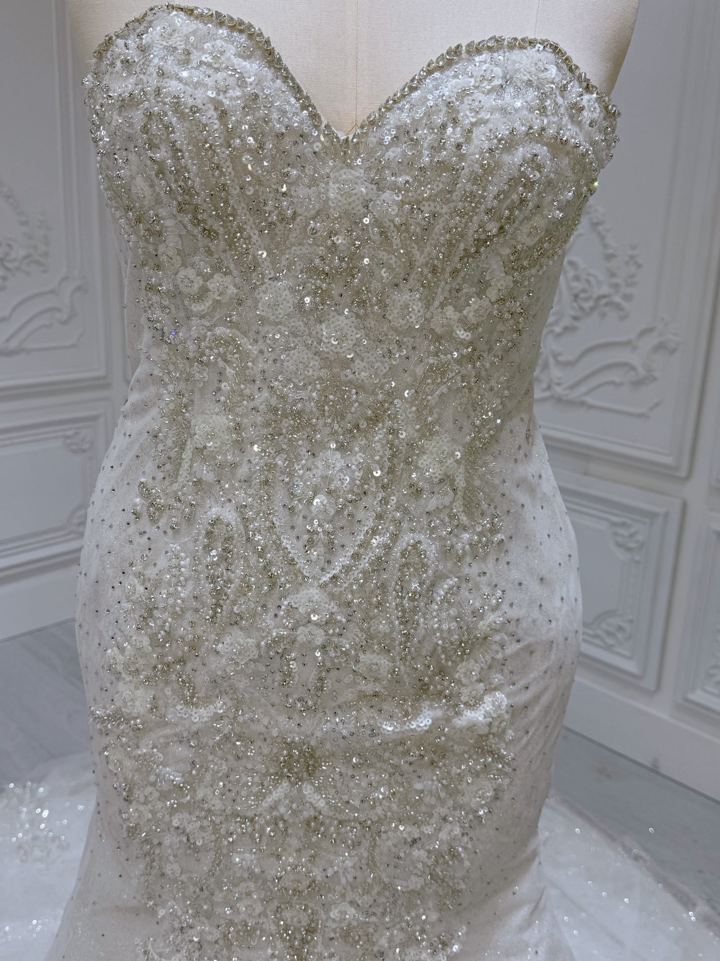 Stock Clearance! Bridal size 12! Custom-made off white beading strapless 2 in 1 look trumpet wedding dress with detachable ruffled skirt