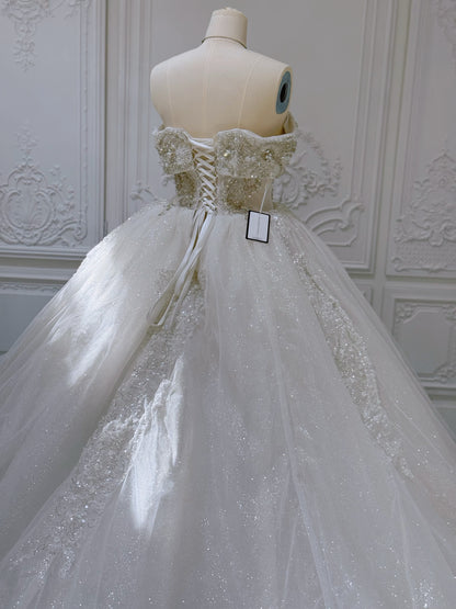 Stock Clearance! Bridal size 8! Custom-made off the shoulder crystal on beading lace princess ballgown sparkling wedding dress